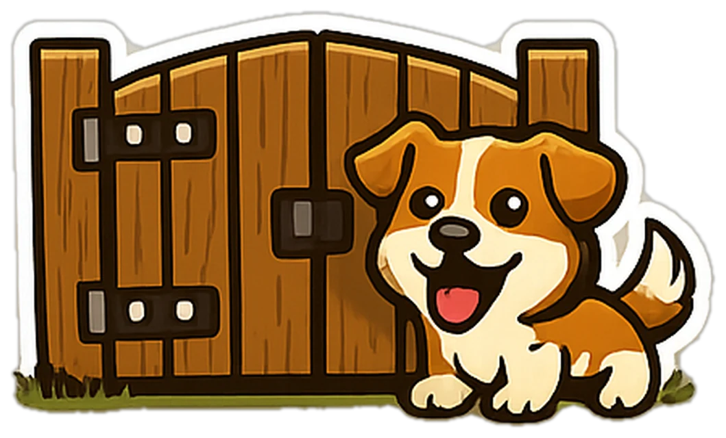 Happy dog beside a latched wooden gate
